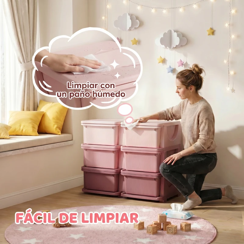HOMCOM Torre de Almacenamiento Infantil con 6 Cajones Organizador de Juguetes con Bordes Redondeados y Asas 75x37x56,5 cm Rosa