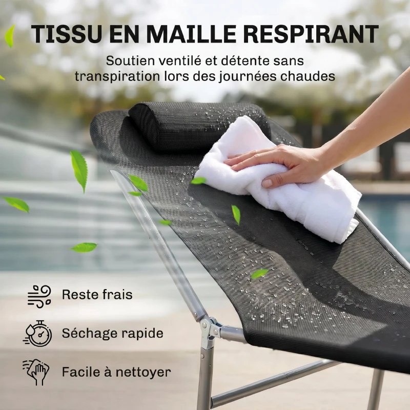 Outsunny Chaise Longue Pliante Bain de Soleil inclinable transat textilène lit Jardin Plage 182 x 56 x 24,5 cm Noir