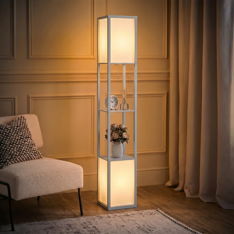 HOMCOM Modern Shelf Floor Lamp with Dual Ambient Light, Standing Lamp Living Room, Bedroom, 156cm, Grey