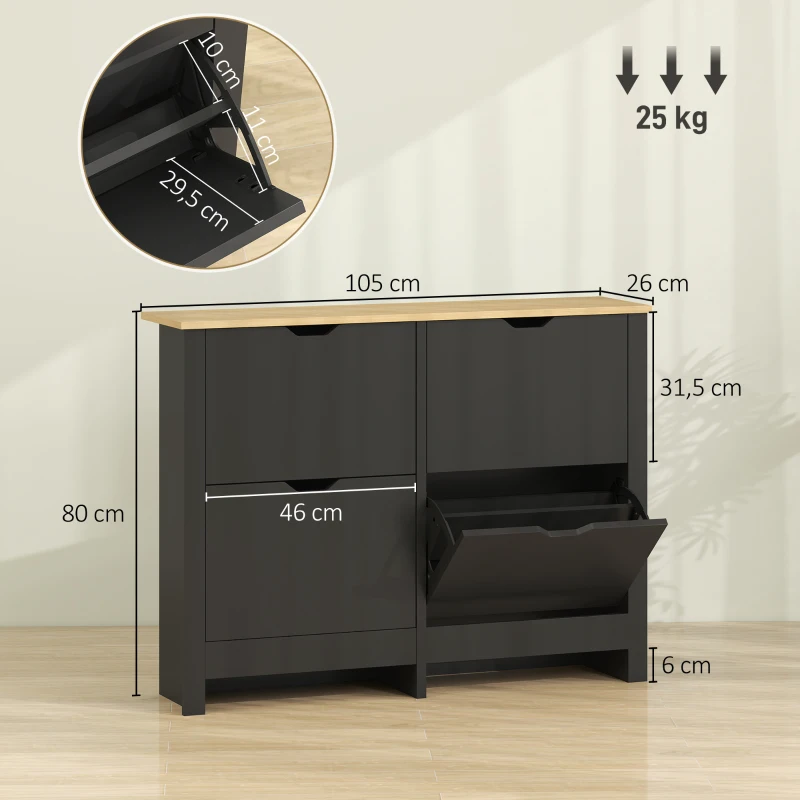 HOMCOM Meuble à chaussures 16 paires, armoire à chaussures avec 4 tiroirs rabattables étagères réglables, noir et bois naturel