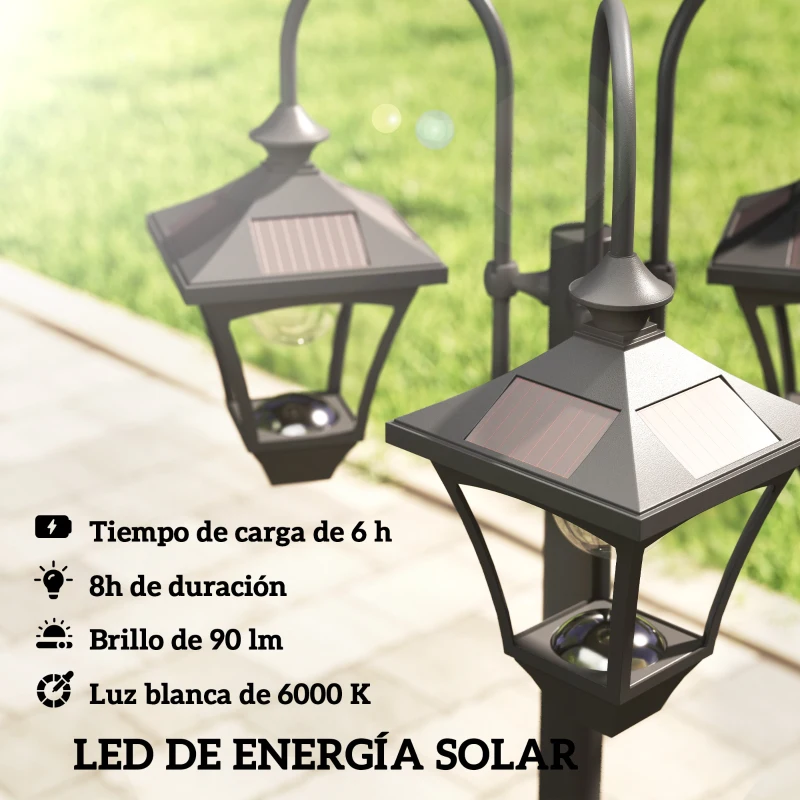 Outsunny Farola Solar Exterior de Jardín con Macetero 3 Cabezales Impermeable Encendido/Apagado Automático y Altura Ajustable