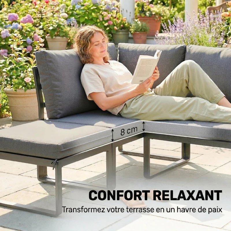 Outsunny Salon de Jardin Extérieur Ensemble Meubles de Jardin 6-8 Personnes Aluminium avec Plateaux Latéraux 256x198x70cm Gris