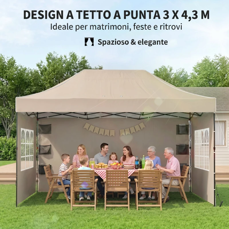Outsunny Gazebo Pop Up Pieghevole con Pareti Laterali e Finestre, 2.9x4.3 m, in Metallo e Tessuto Oxford, Marrone Sabbia