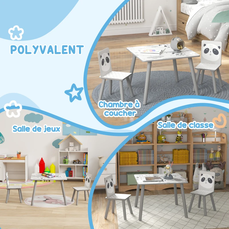 ZONEKIZ Ensemble table et chaises pour enfants, table pour enfant avec 2 chaises, motif animaux pour chambre à coucher gris