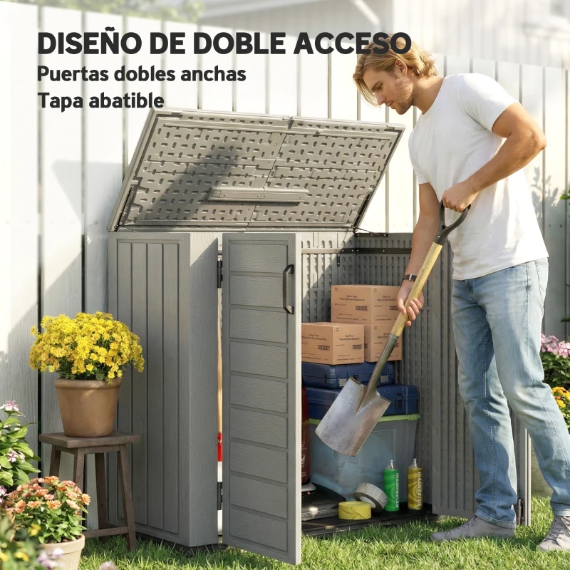 Outsunny Cobertizo de Jardín de HDPE 940L con Tapa Abatible 2 Puertas Cerradura Cobertizo de Jardín 142x67x119 cm Gris Claro
