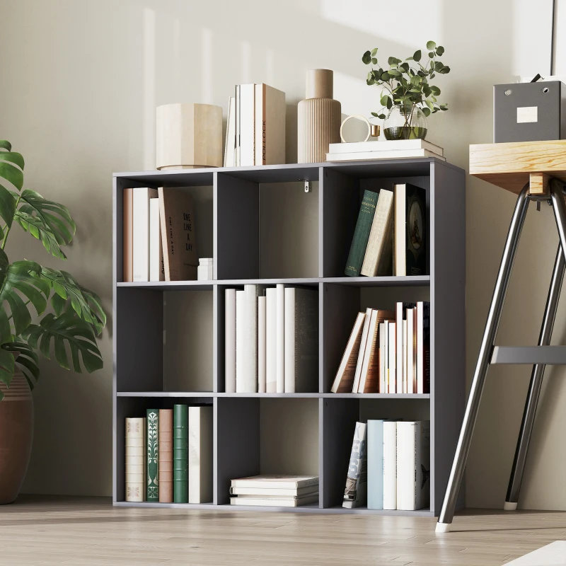 HOMCOM Bibliothèque, étagère de rangement à 3 niveaux avec 9 compartiments, pour salon, bureau, chambre, 91x29,5x91cm, gris