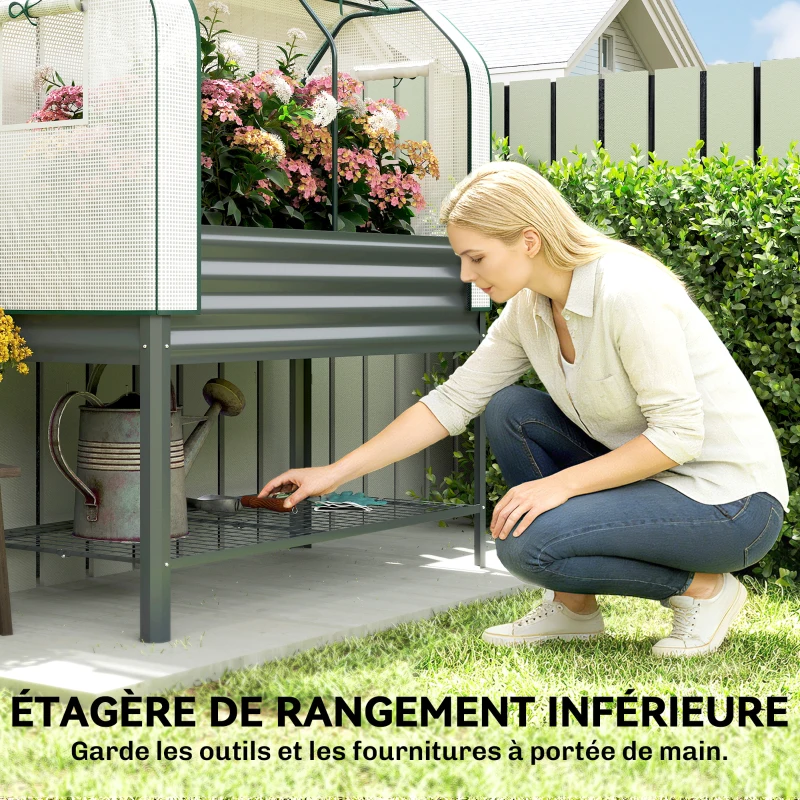 Outsunny Bac de Jardin sur Pieds en Métal avec Serre, Jardinière Surélevée avec Doublure et Étagère Inférieure, Gris Foncé