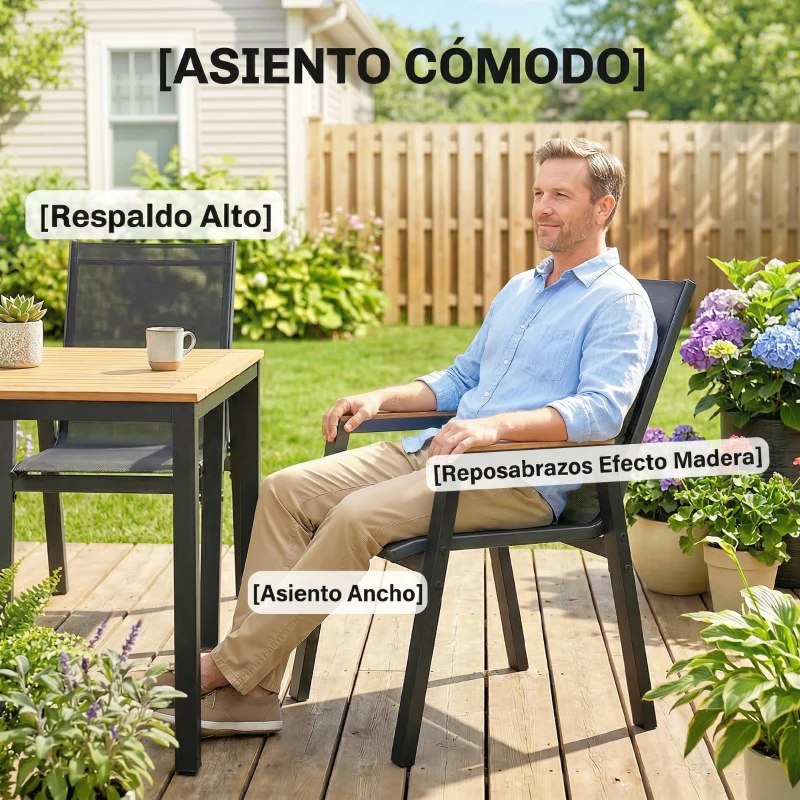 Outsunny Conjunto de Mesa y Sillas Jardín con Mesa con Tablero de Listones y 6 Sillas Transpirables para Terraza Patio Negro