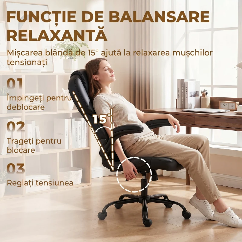 HOMCOM Scaun de Birou Rotativ, Funcție de Balansare, Suporturi Rabatabile pentru Brațe, Spătar Înalt, Înălțime Reglabilă, Negru