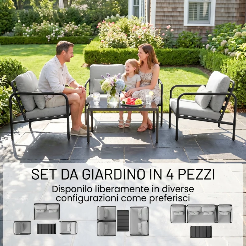 Outsunny Salotto da Giardino 4 Pezzi in Acciaio con Divano 2 Posti, 2 Poltrone e Tavolino, Grigio Chiaro