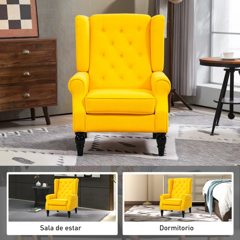 HOMCOM Sillón de Salón con Reposabrazos y Patas de Madera Butaca Carga 160 kg para Dormitorio Oficina 74x86x102 cm Amarillo