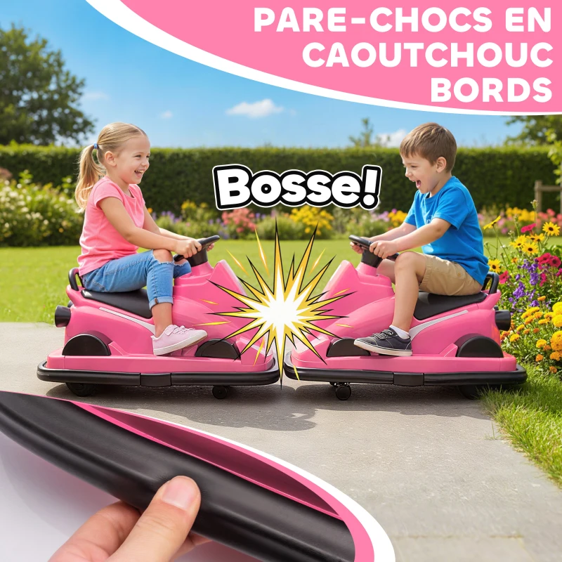 AIYAPLAY Auto-Tamponneuse Enfant 6V, Rotation à 360°, Musique, Klaxon, Démarrage Doux, 2,5 km/h, pour Âges 3-8, 74x53x48cm, Rose