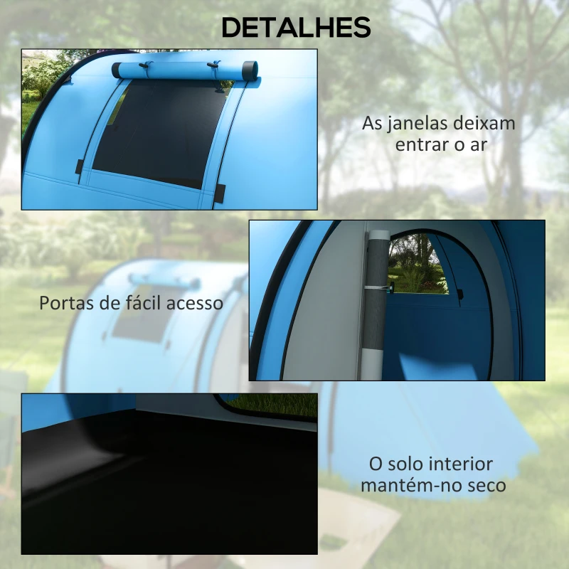 Outsunny Tenda de Campismo para 3 Pessoas com Janelas Gancho Saco de Transporte Impermeável 3000 mm 470x220x150 cm Azul Claro