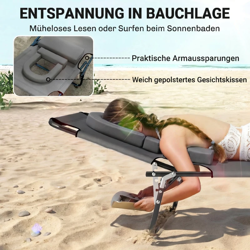 Outsunny Sonnenliege mit Gesichtsloch & Kissen, klappbar, wasserabweisender Bezug, Metallrahmen, Dunkelgrau