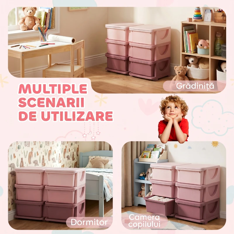 HOMCOM Comodă cu 6 Sertare pentru Copii 3-6 Ani cu Margini Rotunjite, din PP Roz, 75x37x56.5 cm