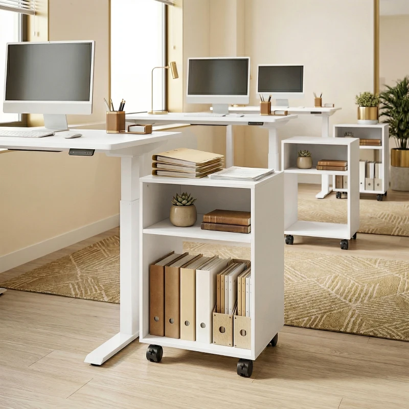 HOMCOM Mobile Porta Stampante in Legno con Ruote a Freno e 2 Scomparti Aperti, 40x35x55 cm, per Ufficio Studio, Bianco