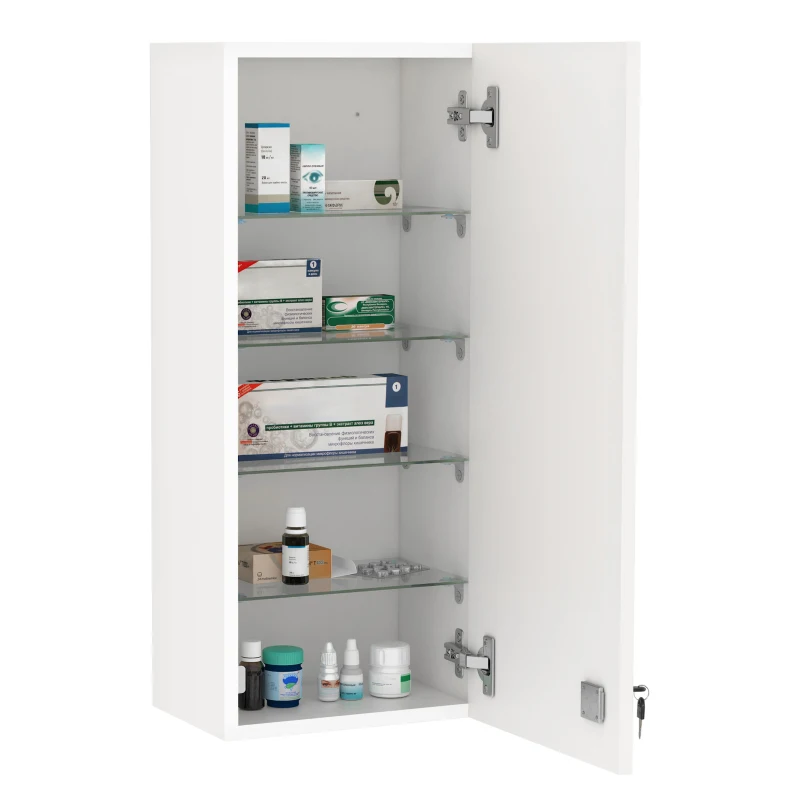 kleankin Botiquín de Pared de Primeros Auxilios 5 Niveles con Estantes Ajustables de Vidrio Cerradura Llaves 30x20x70 cm Blanco