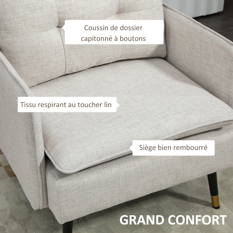 HOMCOM Fauteuil scandinave dossier capitonné avec passepoil en tissu 76 x 68 x 80 cm crème et pieds en métal noir et doré