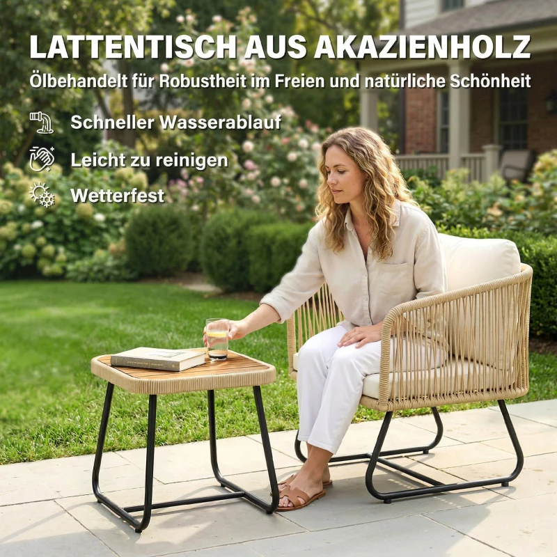 Outsunny Rattan Bistroset 3 teiliges FSC Gartenmöbel-Set mit 2 Sessel, Lamell-Holztisch, dicke waschbare Kissen Stahlrahmen