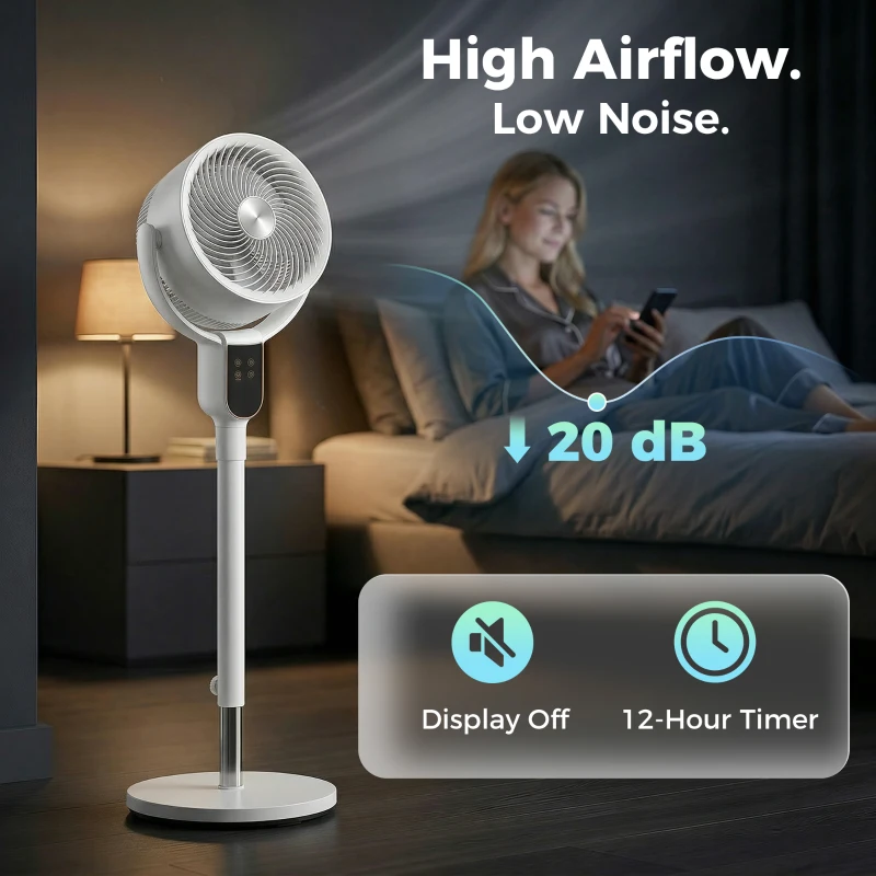 HOMCOM 20 dB Silent Standing Fan for Bedroom, 42" Pedestal Fan with Remote, 90° Oscillating, 8 Speeds, Remote Control, White