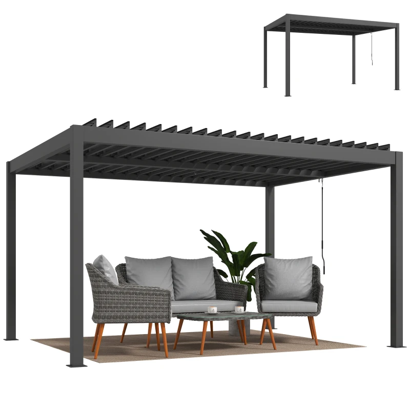Outsunny Pergola bioclimatique 4x3m, pergola aluminium, lames orientables, manivelle, protection soleil, imperméable, gris foncé