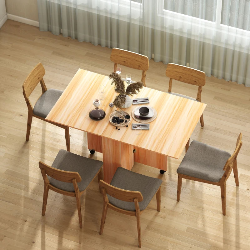 HOMCOM Mesa de Comedor Plegable con Ruedas Mesa Auxiliar Multifuncional con Alas Abatibles y Estantes 140x80x74cm Madera