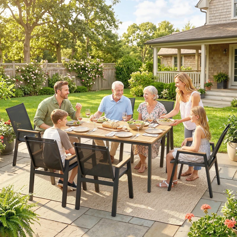 Outsunny Conjunto de Mesa y Sillas Jardín con Mesa con Tablero de Listones y 6 Sillas Transpirables para Terraza Patio Negro