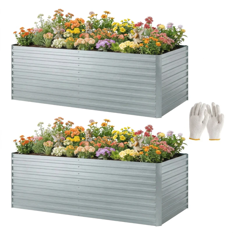 Outsunny Set aus 2 verzinkten Hochbeeten, 180 x 90 x 60 cm Metall-Hochbeete mit sicherer Kante, Silber