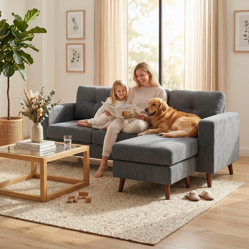 HOMCOM Canapé d'angle 192 cm en L 3 places avec chaise longue réversible, aspect velours côtelé, pour petits espaces, gris foncé