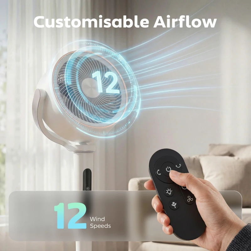 HOMCOM 20dB Silent Standing Fan, 70°+90° Auto Oscillating Fan with 12 Speeds, LED Light, Air Circulator, Remote Control, 12H Timer, for Bedroom, 46 Inch, White