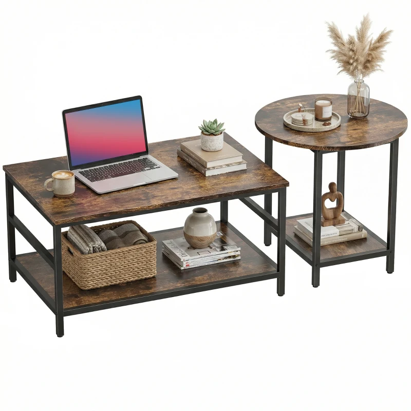 HOMCOM Couchtisch-Set, 2-teilig, rechteckiger und runder Tisch mit 2-stufigem Stauraum, für Wohnzimmer, Rustikal-Braun