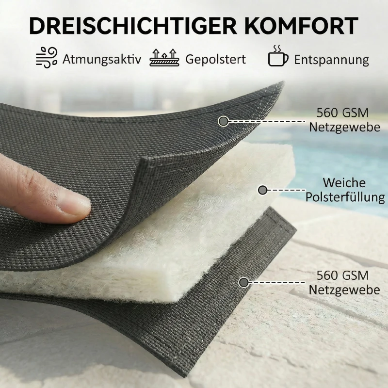 Outsunny Sonnenliege Atmungsaktive Gartenliege mit 6-fach Verstellbar Rückenlehne Rädern Aluminiumrahmen Dunkelgrau
