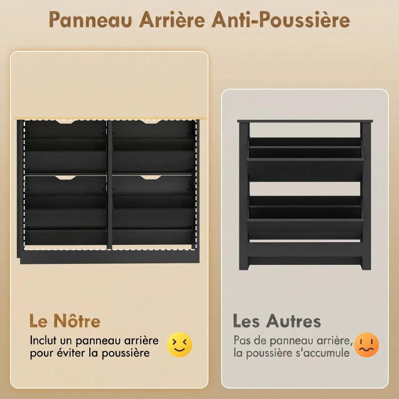 HOMCOM Meuble à chaussures 16 paires, armoire à chaussures avec 4 tiroirs rabattables étagères réglables, noir et bois naturel