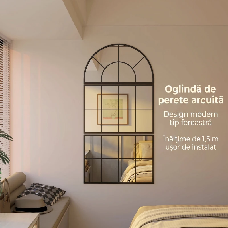 HOMCOM Oglindă de Perete cu Arcadă Stil Fereastră pentru Dormitor și Hol, 76x43 cm, Negru