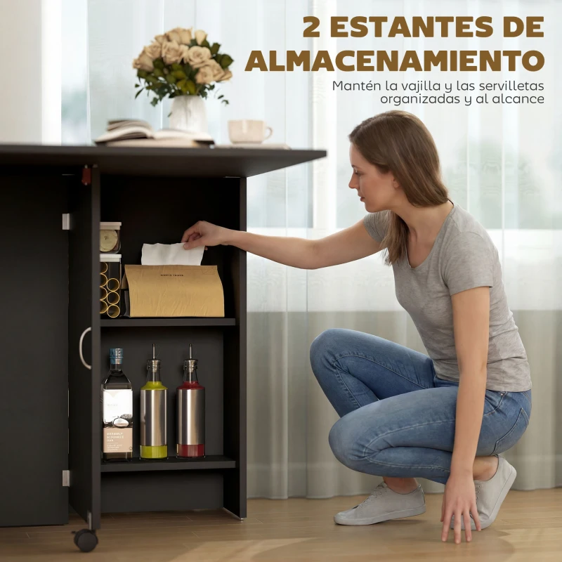 HOMCOM Mesa de Cocina Plegable con 2 Ruedas 2 Estantes de Almacenaje y 2 Alas Abatibles Estilo Moderno 75x140x74 cm Negro