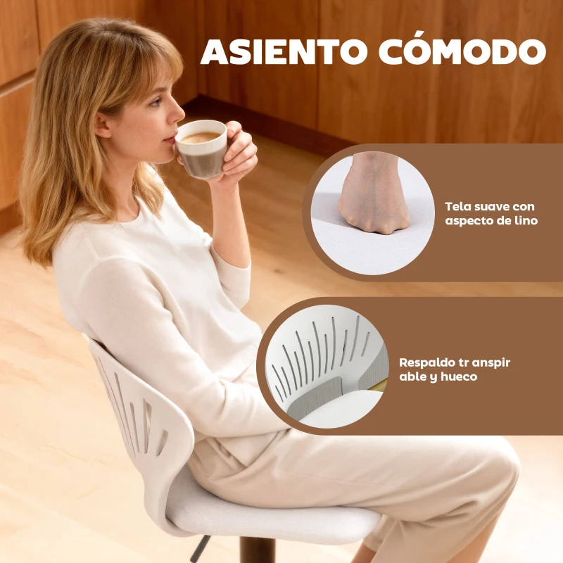 HOMCOM Juego de 2 Taburetes de Bar Giratorios en 360° Regulables en Altura de 84-105 cm Respaldo Hueco Reposapiés Blanco