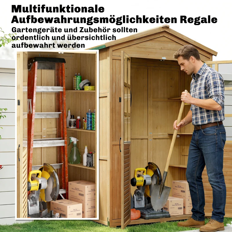 Outsunny Gartenschrank Holz mit Ablage Abschließbare Tür Bodenplatte Asphalt-Dach Belüftungspaneel 128x57,5x197cm