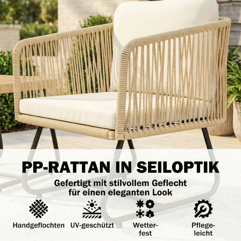 Outsunny Rattan Bistroset 3 teiliges FSC Gartenmöbel-Set mit 2 Sessel, Lamell-Holztisch, dicke waschbare Kissen Stahlrahmen