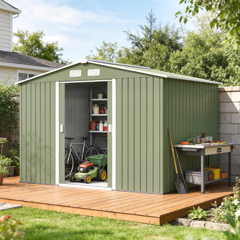 Outsunny 9 x 6ft Metal Garden Shed, Waterproof Outdoor Bike Storage Shed Galvanised with Vents, Foundation Kit, Apex Roof and Lockable Double Doors for Patio Lawn, Light Green