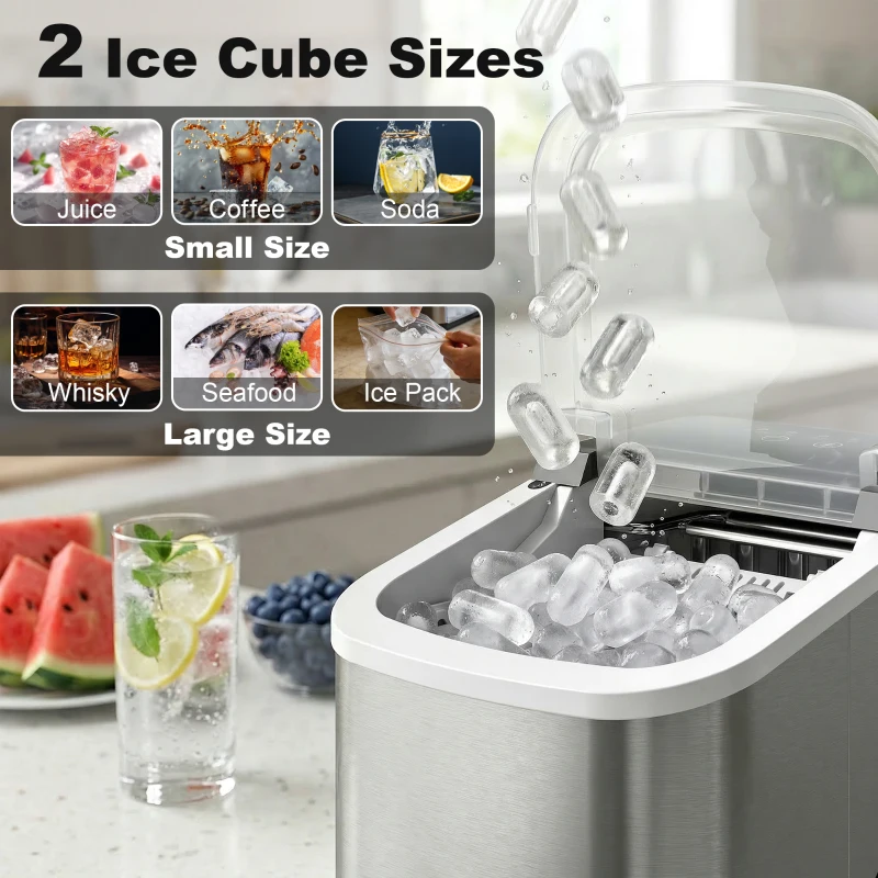 HOMCOM Macchina Ghiaccio 12kg in 24 Ore, 9 Cubetti in 7-10 Minuti di 2 Dimensioni, con Sistema Autopulente, Argento