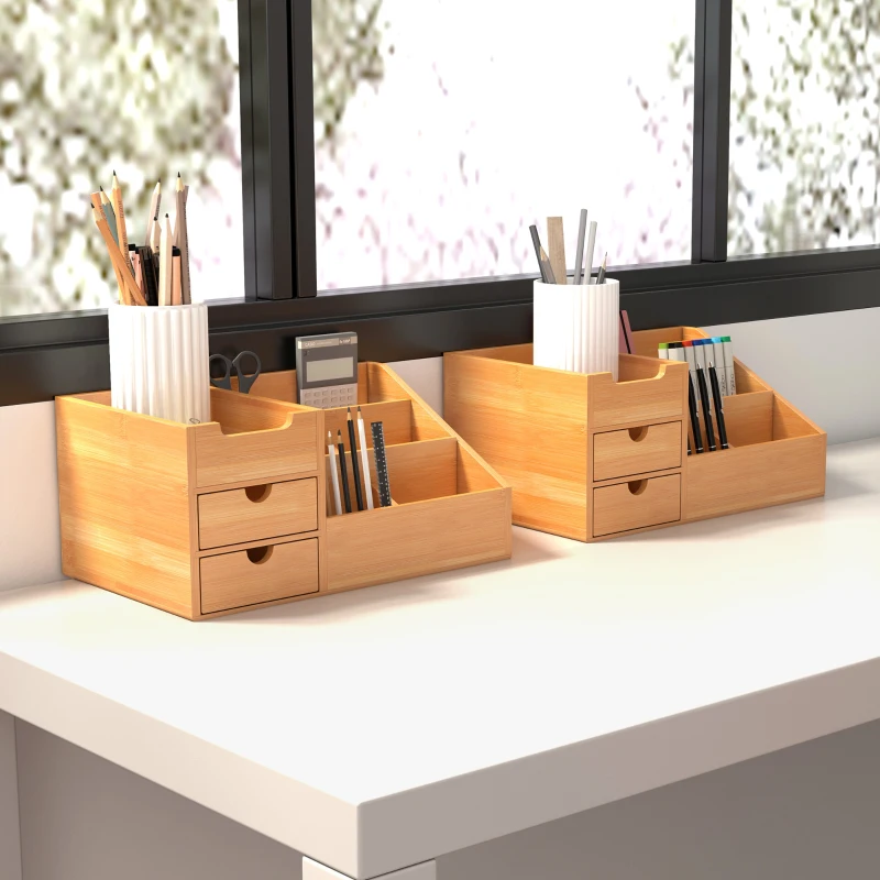 HOMCOM Lot de 2 boîtes de Rangement de Bureau - Organiseur de Bureau - 7 Compartiments, 2 tiroirs - Bambou Verni