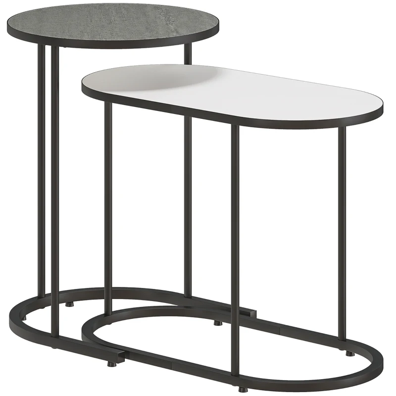 HOMCOM Lot de 2 tables basses gigognes, tables d'appoint empilable style contemporain, cadre en métal gris et blanc
