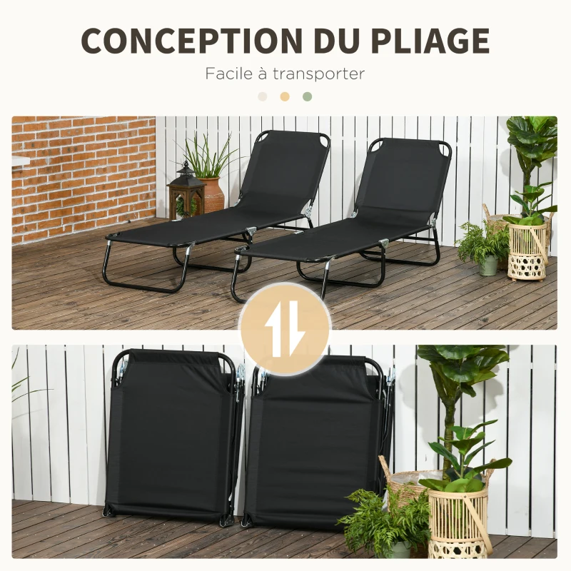 Outsunny Lot de 2 bain de soleil, chaise longue pliante avec dossier inclinable sur 5 positions, structure en acier, noir