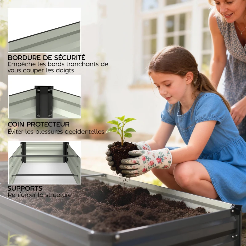 Outsunny Jardinière rectangulaire potager de jardin en acier galvanisé bordure de sécurité et fond ouvert 150x70x30cm gris foncé