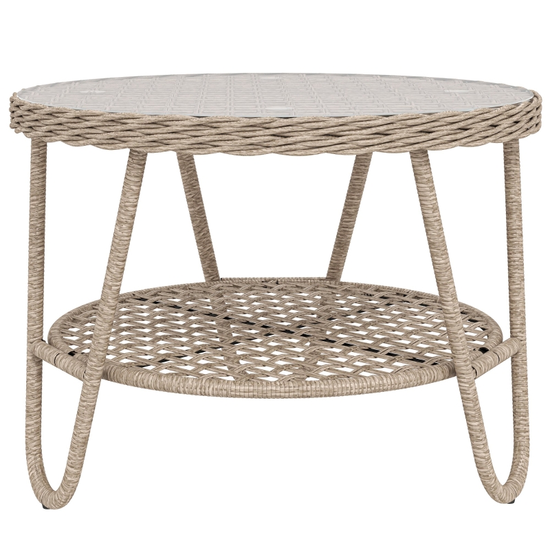 Outsunny Beistelltisch aus Polyrattan 2-stöckiger Kaffeetisch mit Ablage Glasplatte verstellbaren Füßen 65 x 65 x 50 cm Gelb