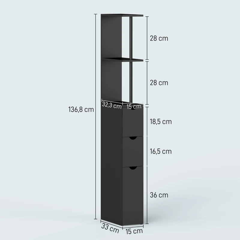 HOMCOM Meuble colonne salle de bain armoire de salle de bain avec tiroirs étagères ouvertes placard 15 x 33 x 136,8 cm noir