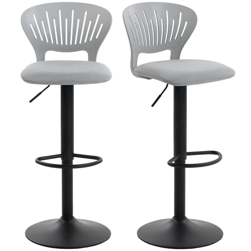 HOMCOM Juego de 2 Taburetes de Bar Giratorios en 360° Regulables en Altura de 84-105 cm Respaldo Hueco Reposapiés Gris