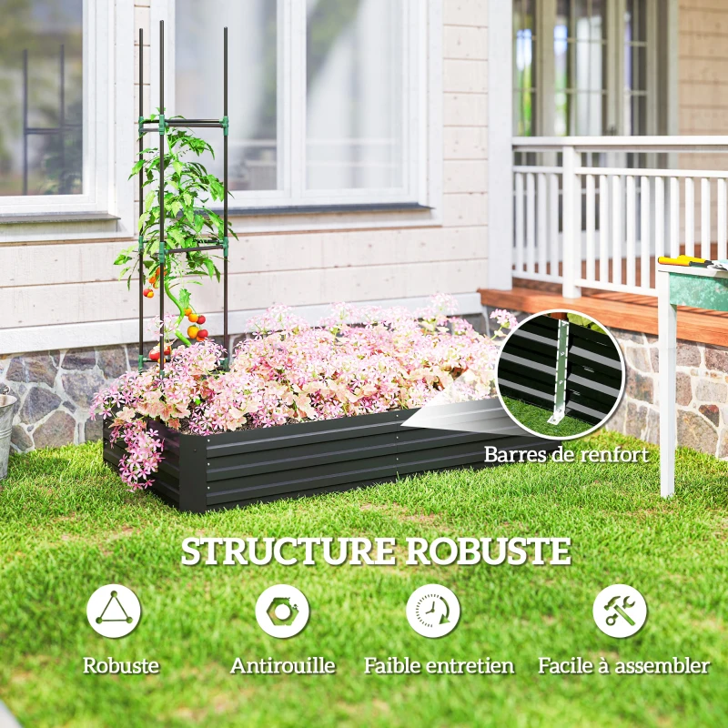 Outsunny Carré potager jardinière rectangulaire en acier galvanisé tuteurs pour tomates et plantes grimpantes 180 x 90 x 29,5 cm