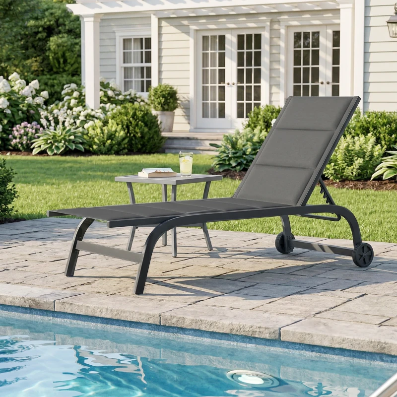 Outsunny Sonnenliege Atmungsaktive Gartenliege mit 6-fach Verstellbar Rückenlehne Rädern Aluminiumrahmen Dunkelgrau