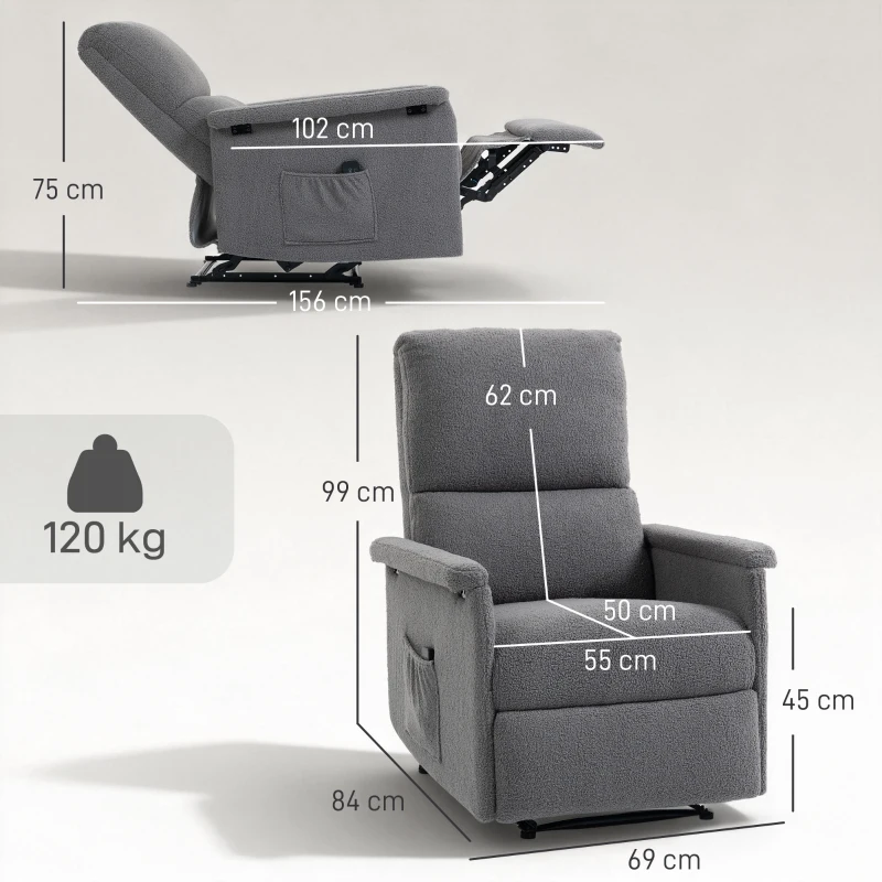 HOMCOM Fauteuil de massage inclinable, fauteuil de relaxation, dossier réglable, large assise, repose-pied, 69x84x99cm, gris